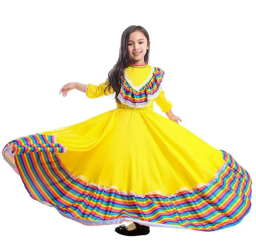 High Quality Little Girls Mexican Dress Birthday Party Halloween Costume Kids Child Mexico Flamenco Dance Skirt