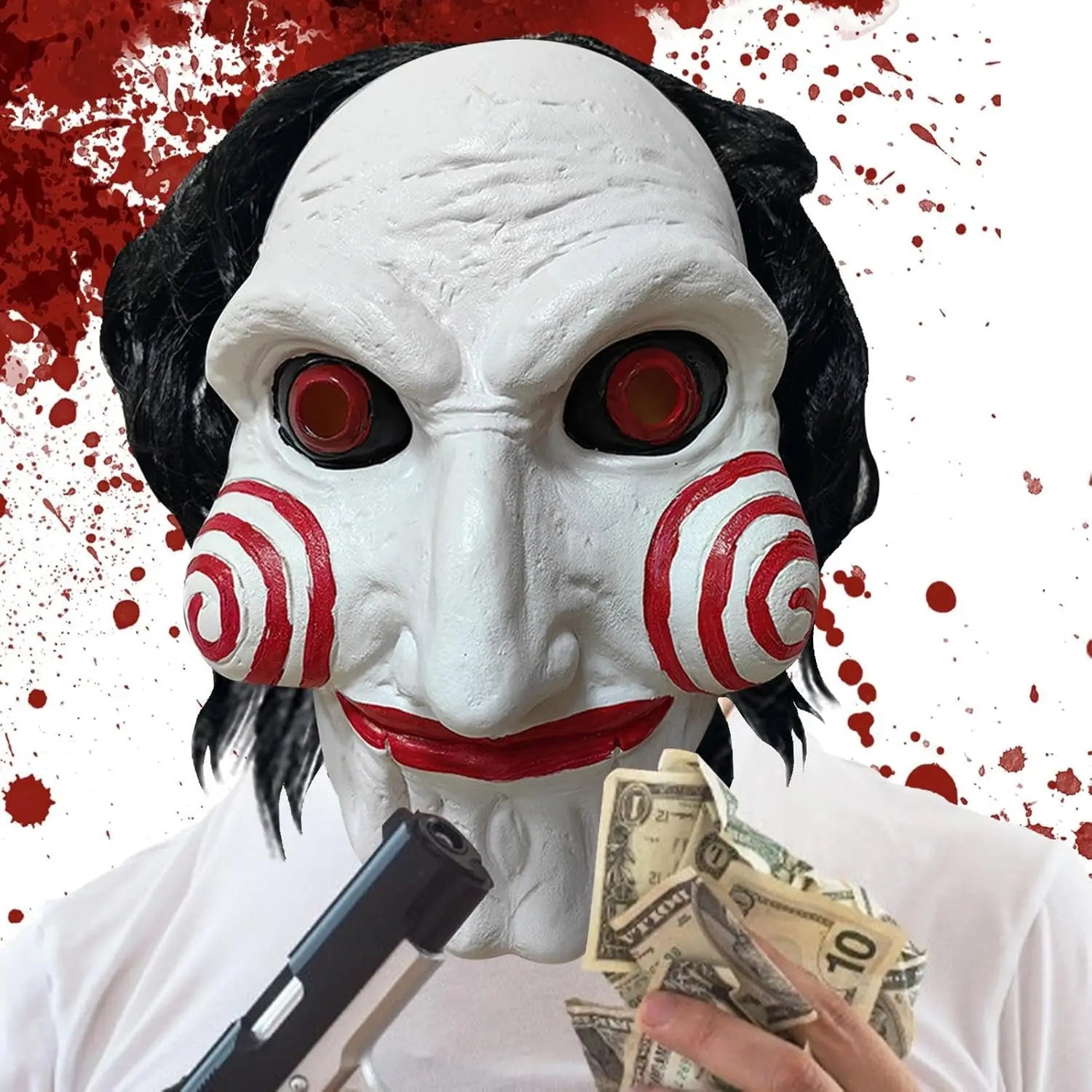 Halloween Mask Scary Chainsaw Massacre Jigsaw Saw Mask Halloween Costume Party Props and Decorations, Cosplay Mask with Wig Hair