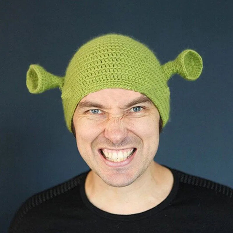 2022 New Monster Shrek Hat Wool Winter Knitted Hats Green Party Funny Beanie Skullies Cap for Women Men Pure Handmade